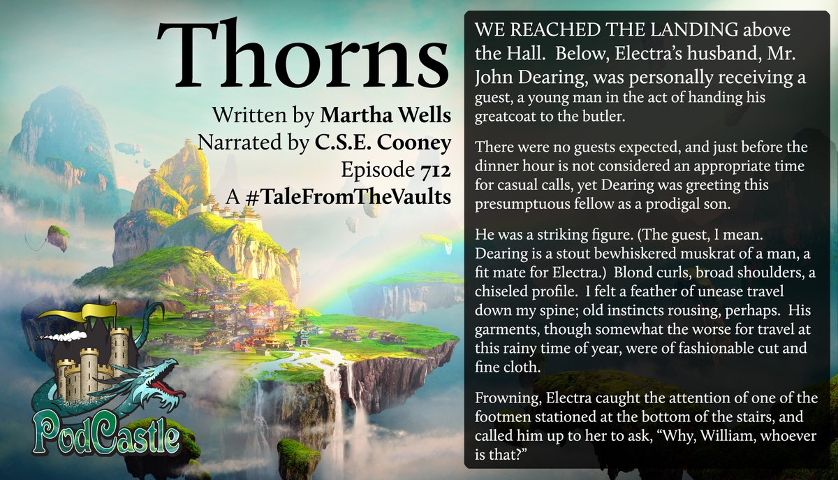 PodCastle_org's tweet photo. #pc712 THORNS by @marthawells1, narrated by @csecooney. A #TaleFromTheVaults, selected and hosted for you by @KZivanovich!
Rated PG. First run as #pc279, and published in Realms of Fantasy before that. https://t.co/u4KTe4lgyw