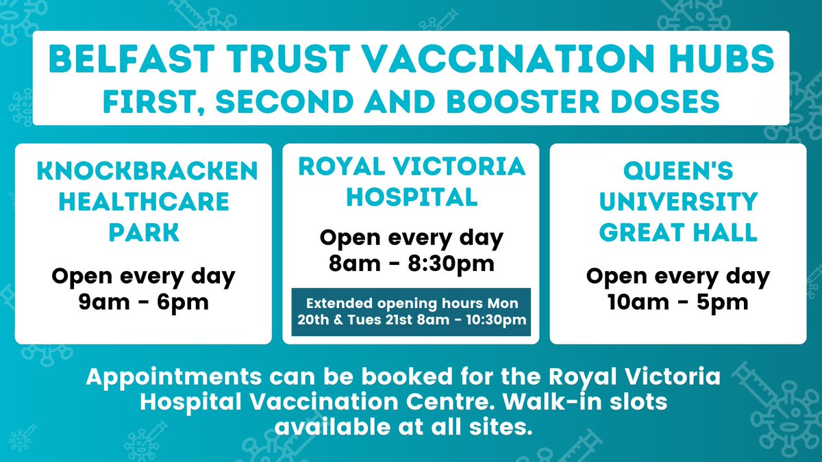 BelfastTrust's tweet photo. From tomorrow we’ll be operating a new Covid-19 Vaccination Hub at QUB’s Great Hall.

⏰Open daily 
💉First, second &amp; Covid-19 booster vaccines
✔️Booster available to 18+ 

📋No appt. needed. 
💳Bring your ID

Full details: https://t.co/a0c5H1KzV2

#GetBoostedNI https://t.co/2CSY32keLA