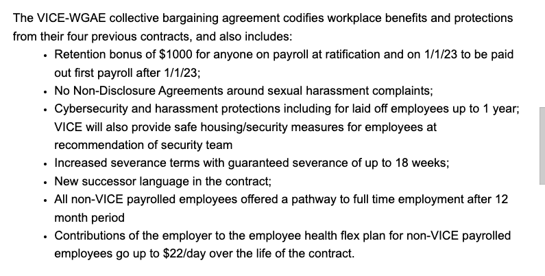 Breaking: 160 Workers at VICE Media agree to a new, three-year contract that 1) sets a minimum salary of $63,000 in 2024 2) improves severance pay and 3) prohibits non-disclosure agreements around sexual harassment complaints.

wgaeast.org/vice-and-write…