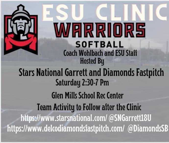 We are excited to work with Coach Wohlbach and ESU staff tomorrow! @JaimeWohlbach <a href="/Diamonds_SB/">Diamonds Fastpitch</a> <a href="/ESUWarriors/">ESU Warriors</a>