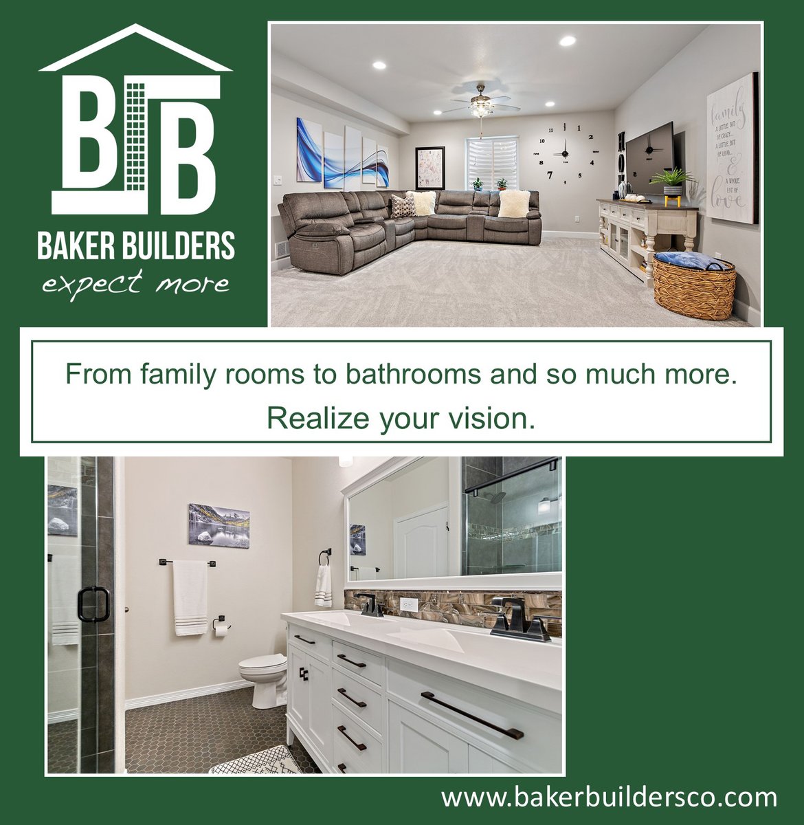 We collaborate with you to create a space that you will love. Contact us today to see why you can expect more!
   bakerbuildersco.com

#expectmore #generalcontractor #basement #basementfinish  #contractor #womanownedbusiness #coloradoconstruction #remodel #renovation