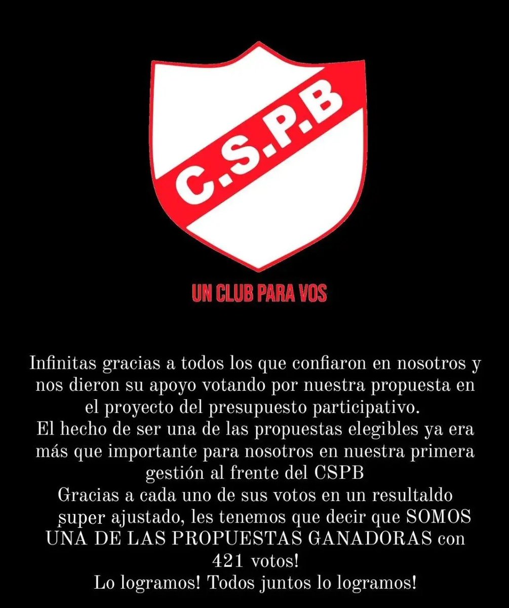 CSPB_Univ's tweet photo. La propuesta del club que participó como uno de los proyectos elegibles al Presupuesto Participativo 2021, fue UNA DE LAS GANADORAS por el municipio F!
Gracias a todos los que confiaron   en nosotros para llevar esto adelante! Gracias! Lo logramos! Todos juntos! https://t.co/KMExg0mrT1