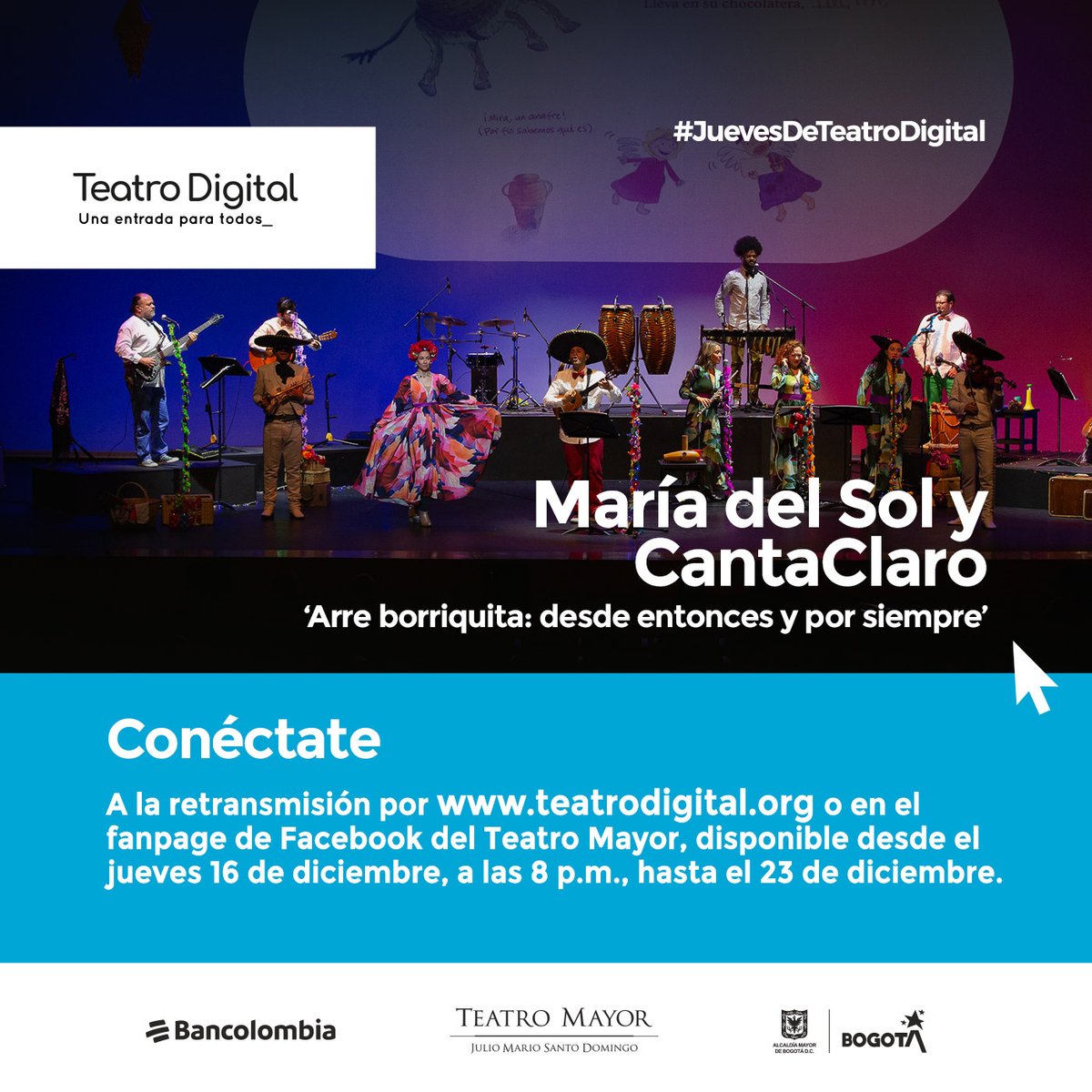 A través de villancicos tradicionales, <a href="/solycantaclaro/">María del Sol Peralta</a> cuentan y cantan la historia de la Navidad en '¡Arre, borriquita! Desde entonces y por siempre'🎄
Míralo gracias a #TeatroDigital por bit.ly/3lXDTv6, porque con <a href="/Bancolombia/">Bancolombia</a> hay #UnaEntradaParaTodos.
<a href="/CocreaOrg/">COCREA</a>
