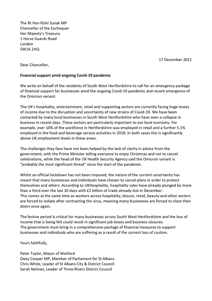 WatfordMayor's tweet photo. Alongside @libdemdaisy, @ChrisWhite_SADC and @snelmzie I have written to the Chancellor of the Exchequer calling for a package of measures to support businesses at risk of closure from the pandemic. https://t.co/fX6BFaTsde