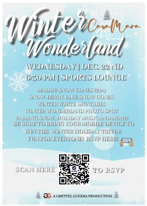 Our residents are invited to join us for Winter Wonderland at CasaMara!!  RSVP here casamaraevents.rsvpify.com. What a great way to celebrate the holiday season!!  

#casamara #westpalmbeachapartments #luxuryliving #livelovelincoln #LiveInLuxury #apartmentsforrent #youbelonghere