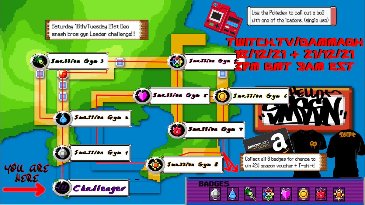 People! the smassion Gym leader smash challenge is coming! defeat the gym leaders from my cruu in bo1 to collect badges! calling out any streamers that think their cruu can take mine. prizes to be won and given away! 18th Dec &amp; 21st dec. 3pm GMT get as many tries as you want!