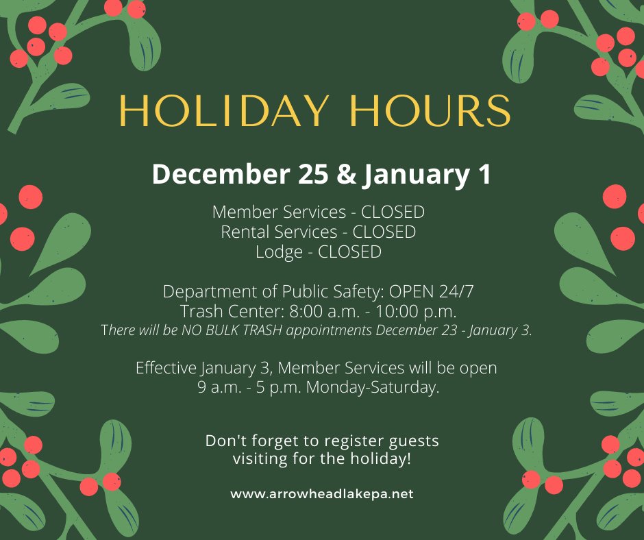 ArrowheadLakePA's tweet photo. Please note upcoming holiday hours for December 25 and January 1. If you have any questions, please call 570-646-1771. https://t.co/BHEGNAF1l0