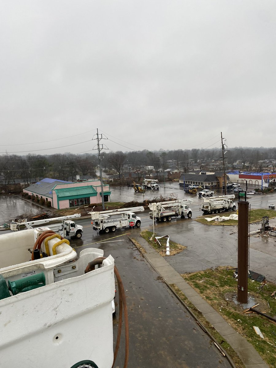 BGMU's tweet photo. A “bucket”-eye view of the ByPass across from our Cabell Substation. Obviously tons of rebuild work to do. https://t.co/ZaOv0MdVtf