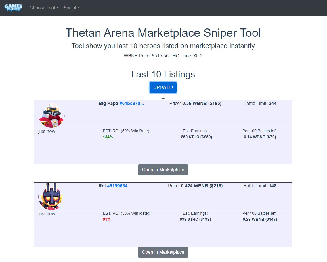 gamesplorer's tweet photo. Just released Marketplace Sniper Tool for #ThetanArena 
Check detailed stats of recently listed heroes and buy them fast!
@ThetanArena 
https://t.co/56WWYpu1IA https://t.co/BhI702CO4U