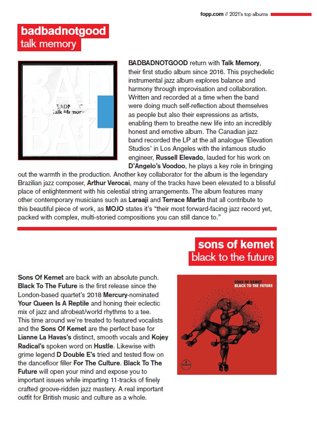FOPPofficial's tweet image. More of our favourite albums from this years #foppreport

Today it's @badbadnotgood  with "Talk Memory" and @SonsOfKemet with "Black to the Future"

#gettofopp and pick up your copy!

@XLRECORDINGS @impulselabel
