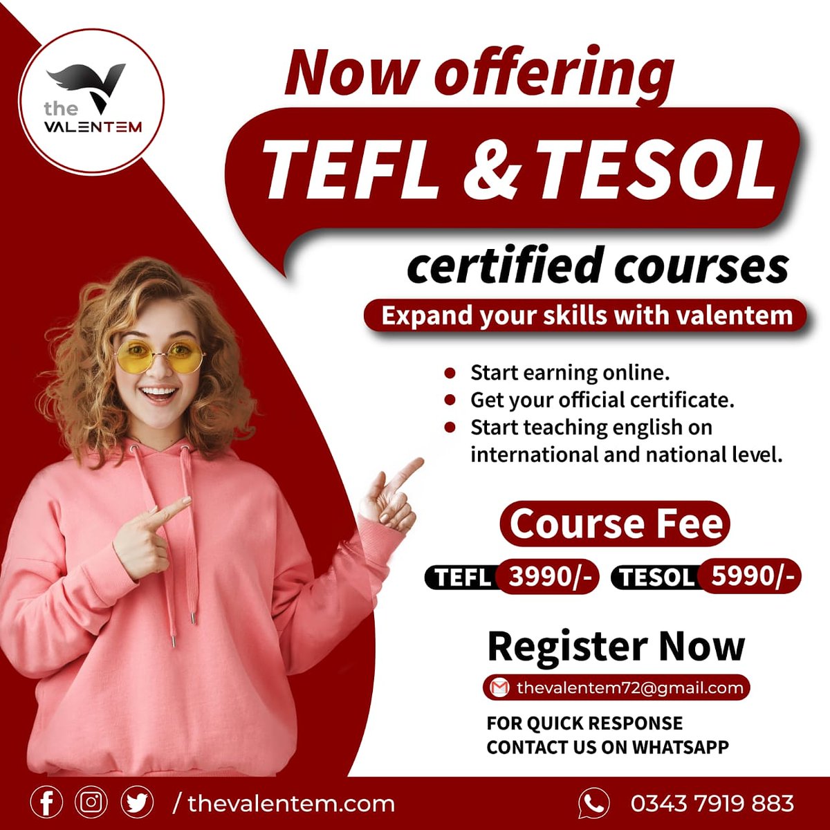 TValentem's tweet photo. The VALENTEM is coming up with Certified TEFL and TESOL courses for the ones who want to earn by teaching online.

Then what are you waiting For!! 🤩
Hurry up!

Registered Now!
+92-343-7919-88

It's time to fly beyond the Limits. 

For more information :
+92 3437919 883 https://t.co/iW3FTE6nZw