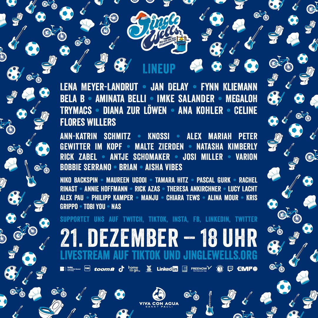 Jingle Wells - der Viva con Agua Spendenmarathon! 21.12.,18 Uhr auf jinglewells.org und <a href="/tiktok_de/">TikTok DE</a> Eine Live-Show, wie es sie noch nicht gegeben hat, versprochen! Und wer da alles am Start ist - Bäm! <a href="/jan_delay/">Jan Delay</a> <a href="/fimbim/">Fynn Kliemann</a> <a href="/TheRealMegaloh/">Megaloh</a> <a href="/BelaB_official/">名古屋モデル撮影会事務所＠美ラボ</a> uvm… #allefürwasser