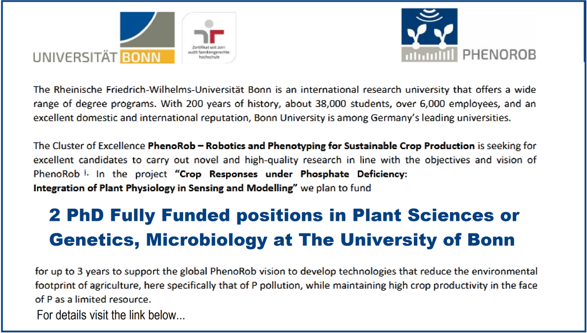 agristok's tweet photo. 📌 2 PhD Fully Funded positions in Plant Sciences or Genetics, Microbiology🌱🦠🧬 at The University of Bonn, Germany🇩🇪 ... Please retweet and spread the word! For details visit the link below👉👉 https://t.co/J189vbZFNk https://t.co/uzFR0HSTyP