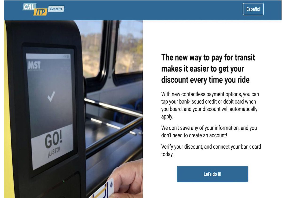 Older adults (65+) can now get their senior discount when they #TapToRide on MST!🥳Thanks to a new website called Cal-ITP Benefits, older adults can link a senior discount to a contactless debit/credit card &amp; receive a discounted fare every time they tap: benefits.calitp.org/mst