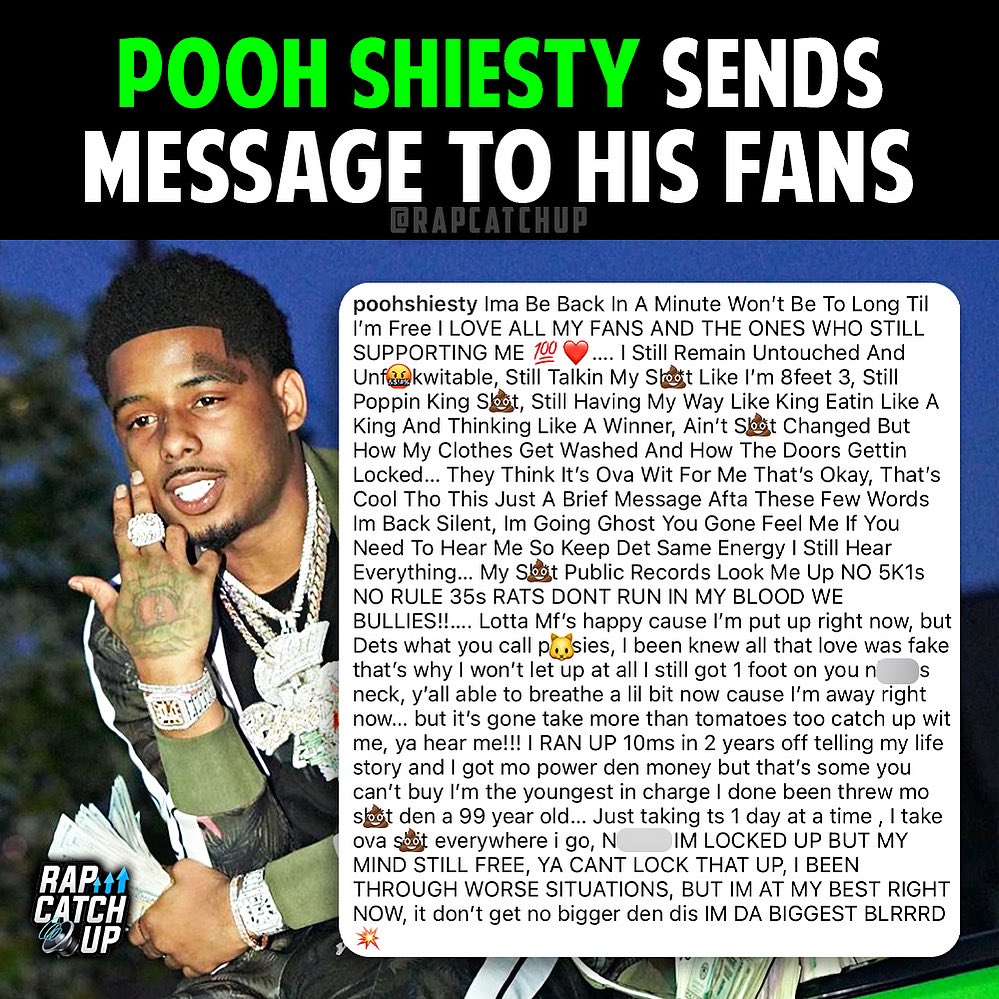 RapCatchUp's tweet photo. Pooh Shiesty sends a message to his supporters from behind bars 📝 @pooh_shiesty https://t.co/qUjsIpsKCH