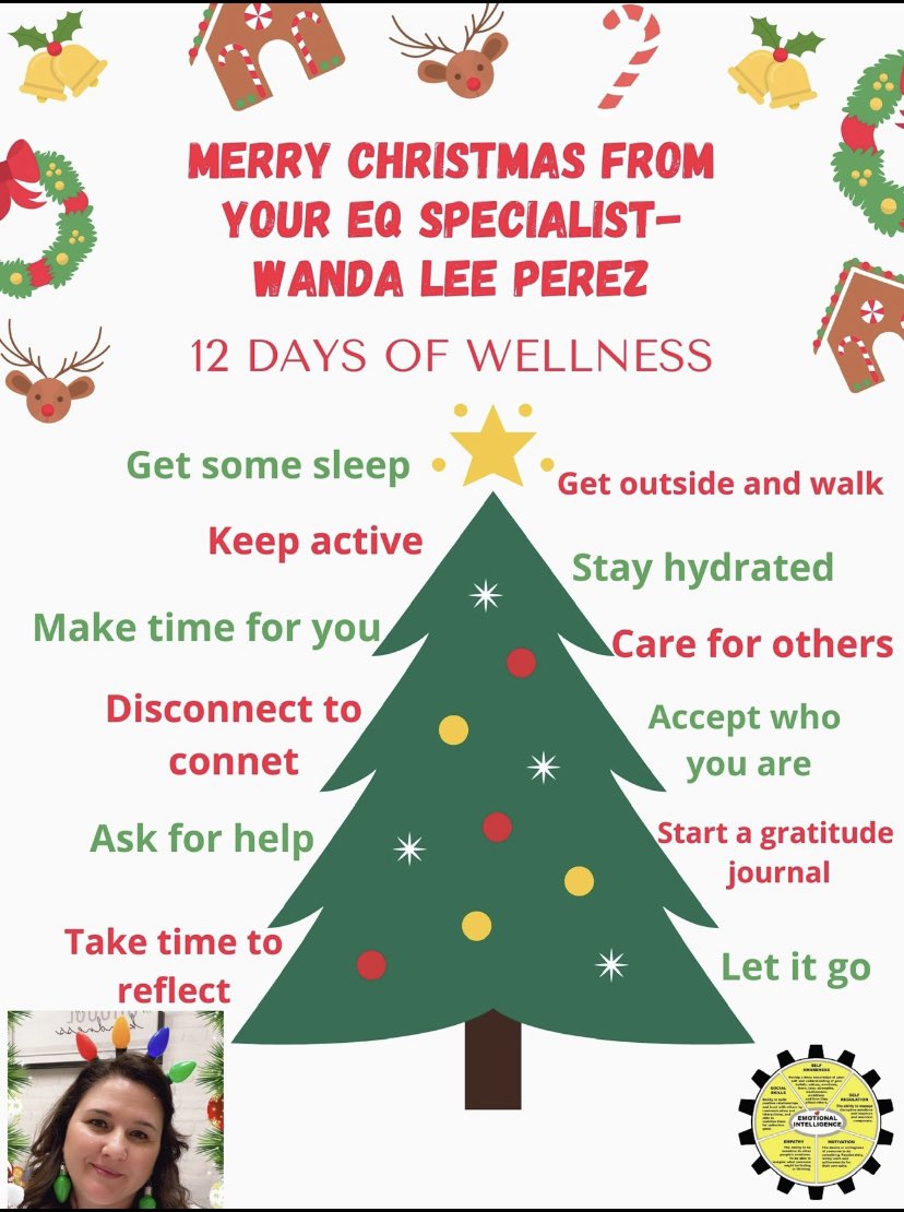 wlperez22's tweet photo. The holiday season is upon us and as we go into our break we should be mindful of our wellness. Here are a few tips from Wellness with Wanda! @counseling_misd @Rowe006 @McAllenISD #RoweEQ https://t.co/F3imCMOcdt