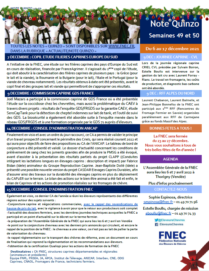 EleveursChevres's tweet image. 🗞️ Retrouvez la dernière #NoteQuinzo de l'année 2021 🐐

Au programme : COPIL l'étude sur les filières caprines d'Europe du Sud, journée  régionale du Centre, commission caprine GDS France, #RFF Alpes du Nord, CA #ANICAP et #FNEC

Très belles fêtes de fin d’année et rdv en 2022 !