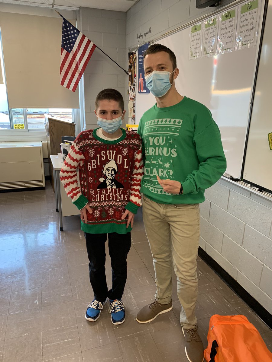 Ugly Sweater Day 2021 - Giovan and I sporting the best holiday movie of all time! #ChristmasVacation <a href="/mineolahs/">Mineola High School</a>