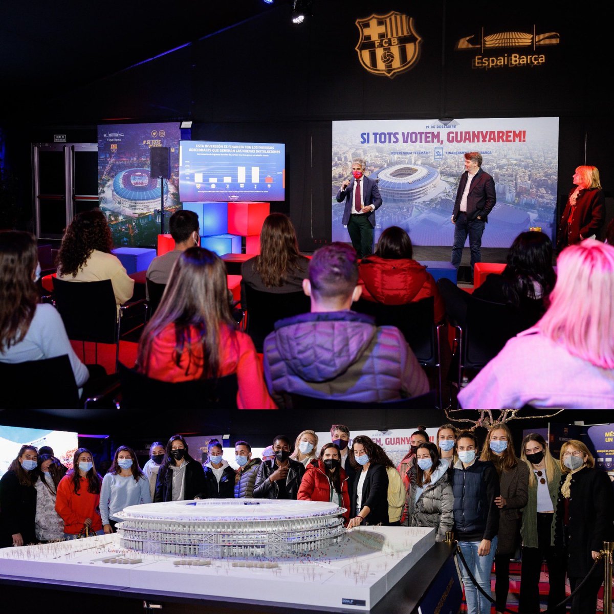 Amb el nostre Equip Femení coneixent com serà el Camp Nou del futur…..SI TOTS VOTEM GUANYAREM!!!!!!💙♥️