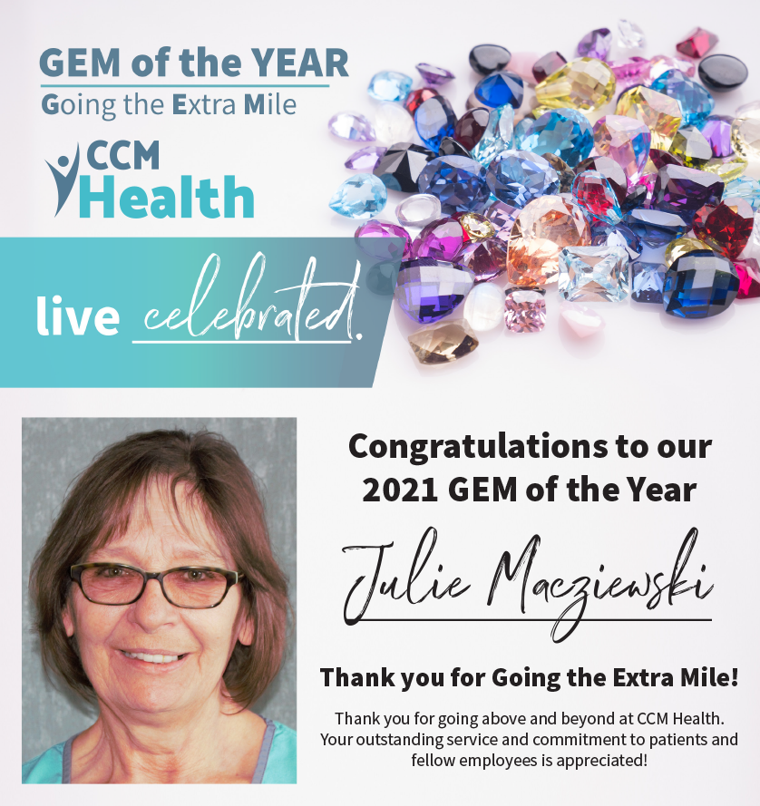 CCM_health's tweet photo. Congratulations to Julie Macziewski, CCM Health's 2021 GEM of the Year! Julie works in housekeeping and has worked at CCM Health for almost 9 years!
Thank you, Julie, for being a GEM at CCM Health! We are proud to have you on our team!
#gemoftheyear #ccmhealth #goingtheextramile https://t.co/ZrI4VQca6X
