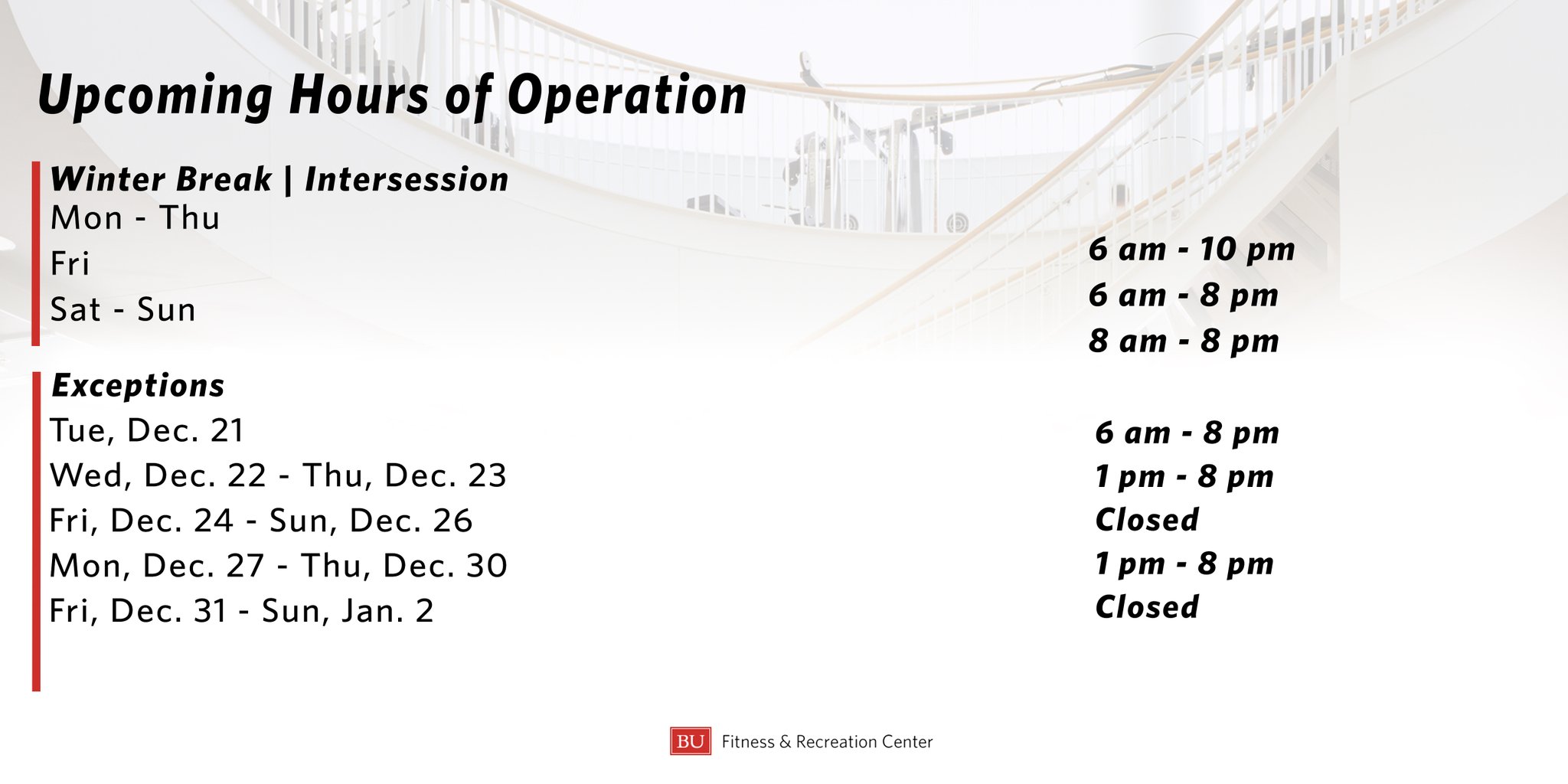 Boston University Fitness & Recreation Center on Twitter "Intersession is finally here! Enjoy