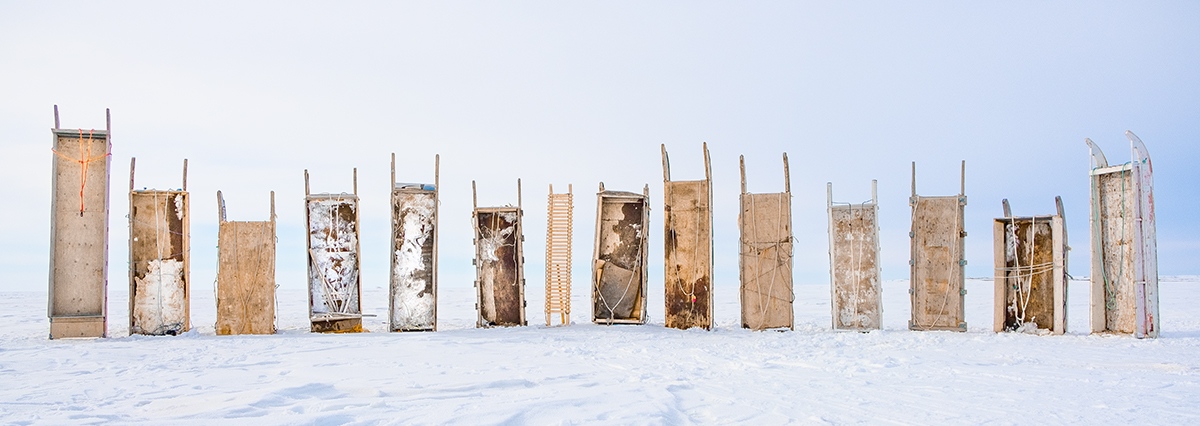 This winter, Inuvialuk Artist Maureen Gruben transforms The Bentway Skate Trail with 'Moving with Joy,' a large-scale installation of sculptural sleds featuring photo and video.

📷: 'Moving with joy across the ice while my face turns brown from the sun' (2019) by Maureen Gruben.