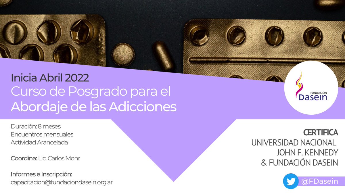 En <a href="/FDasein/">Fundación Dasein</a> estamos abriendo inscripciones para los cursos 2022. Todos nuestros cursos están certificados por la Universidad Nacional John F. Kennedy <a href="/somoslakennedy/">Universidad Kennedy</a>.

#adicciones #cursos #estudiar #online #sistemica #posgrado #saludmental #SeguimeYTeSigo #siguemeytesigo