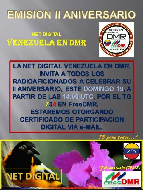 NetDigitalVzla's tweet photo. Este domingo 19, a las 14:00 hrs utc la "NET DIGITAL Venezuela en DMR" estará celebrando su II Aniv. por el TG 734 de FreeDMR.
@GREMPanama

@FreedmrPeru

@Freedmr_Panama

@yv1aj_rcv

@RNEValencia

@ARV_Caracas

@EcholinkChile
  
@EcuadorDXclub

@ure_es

@dmrspain https://t.co/PaXaMjPY7Y