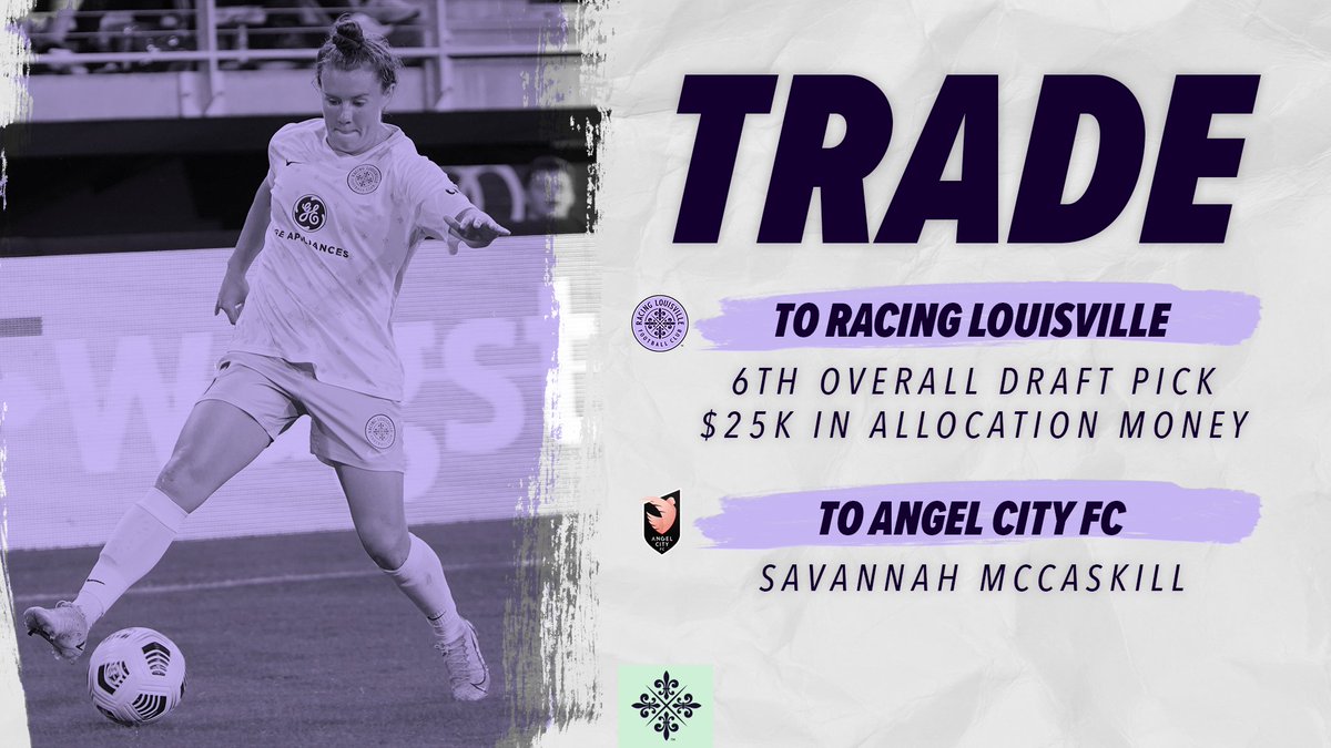 RacingLouFC's tweet photo. Forward Savannah McCaskill is off to Angel City FC in exchange for the 6th pick in the 2022 NWSL Draft and $25,000 in allocation money. https://t.co/1u6XyJDTY2