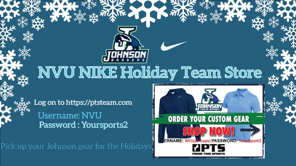 vtsujbadgers's tweet photo. HAPPY HOLIDAYS
NVU - Johnson Nike Gear available for on https://t.co/lOskXgwm4l
Select the team web store tab! & Enter:
username: NVU
password: Yoursports2
Then shop for your NVU Gear
#GOBADERS https://t.co/FK1ESC4EyX