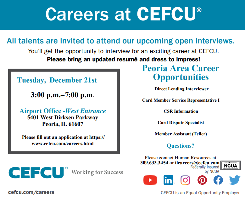 CEFCU's tweet photo. Peoria Area Open Interviews are coming up next week!😊
#CEFCU #NotABankBetter #CareersatCEFCU #Jobs #JobSeekers #jobsearch #jobopportunities https://t.co/vQD1DDQFon