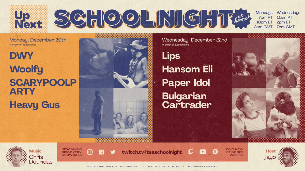 Join us next week for our final shows of 2021! 💫

12/20 • LIVE &amp; streaming from <a href="/Bardot_Hllywd/">Bardot</a>:
Woolfy
<a href="/scarypoolparty/">Alejandro Aranda</a>
Heavy Gus

RSVP: link.dice.fm/i4897f6fb6e8

12/22 • 11am PT | 2pm ET
<a href="/LipsSongs/">Lips</a>
@Hansom_Eli
<a href="/itspaperidol/">itspaperidol</a>
<a href="/BCTTBC/">Bulgarian Cartrader</a>

📺: Twitch.tv/itsaschoolnight