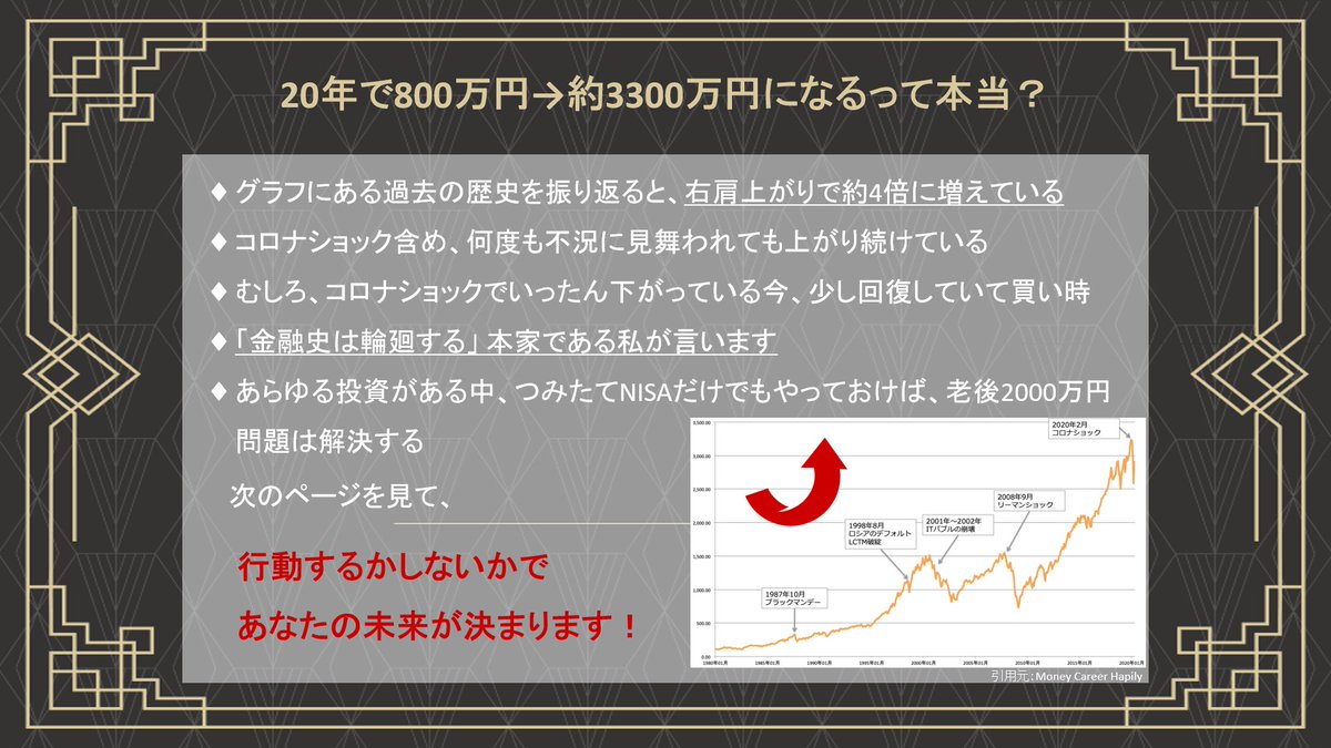 4ButterflyWorld's tweet photo. 最後のチャンス。今年も残り2週間、今「つみたてNISA」をやらないと、今後20年で約2500万円損します。やったらあなたの手元のお金は約3300万円。やらなければ800万円。詳しくは図解で。これからもっと、お金のお得な情報を知りたい人は、投資銀行で働く私をフォローしてお金を増やしていこう https://t.co/e1Ke37MfFI