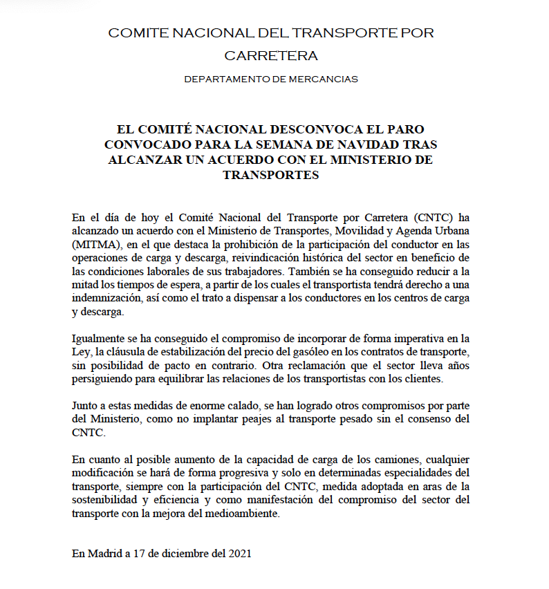 El Comité Nacional de Transporte y el <a href="/mitma/">Emma Turner</a> Ministerio de Transporte han llegado a un acuerdo para desconvocar el Paro Nacional de #transporte.