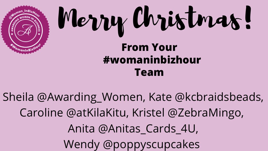 We at #womaninbizhour are taking a break and would like to wish everyone a Merry Christmas #StaySafe #enjoyChristmas #SupportSmallBusinesses
