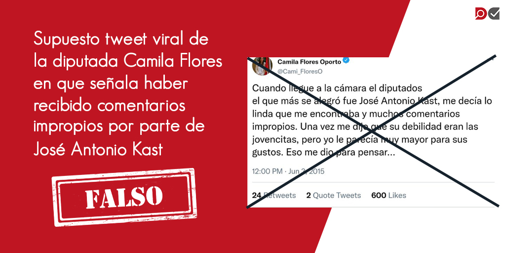 No hay registros de dicha declaración. Además, la fecha en que fue publicado este supuesto tweet, <a href="/Cami_FloresO/">Camila Flores Oporto 🇨🇱</a> aún no era diputada. También tiene errores, como la cantidad de caracteres utilizados, que exceden a los que Twitter permitía en esa fecha. wp.me/pcf0If-1BM