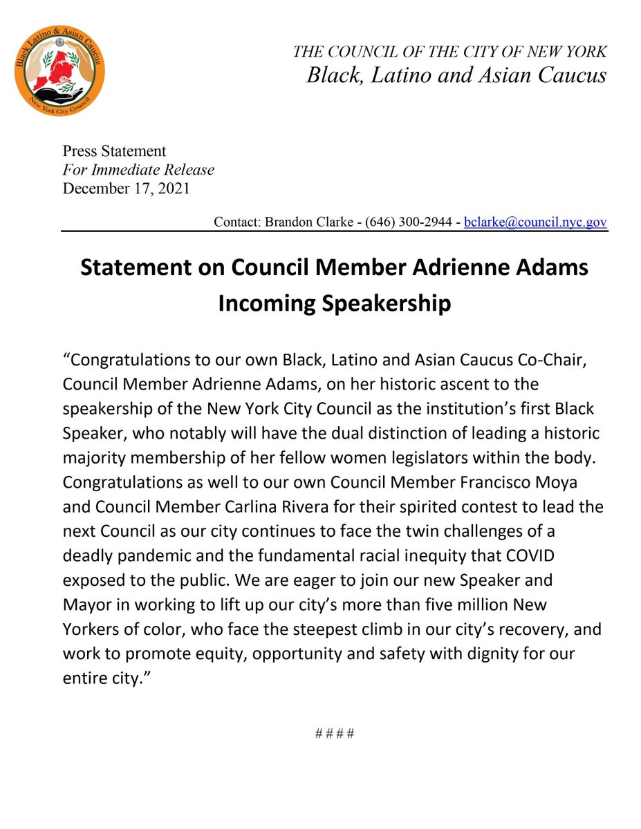 Congratulations to our own <a href="/BLACaucusNYC/">NYC Black, Latino and Asian Caucus</a> Co-Chair @AdrienneEAdams1 on her historic ascent to the speakership of <a href="/NYCCouncil/">New York City Council</a> as its first Black Speaker, who will have the dual distinction of leading a historic majority membership of her fellow women legislators within the body.
