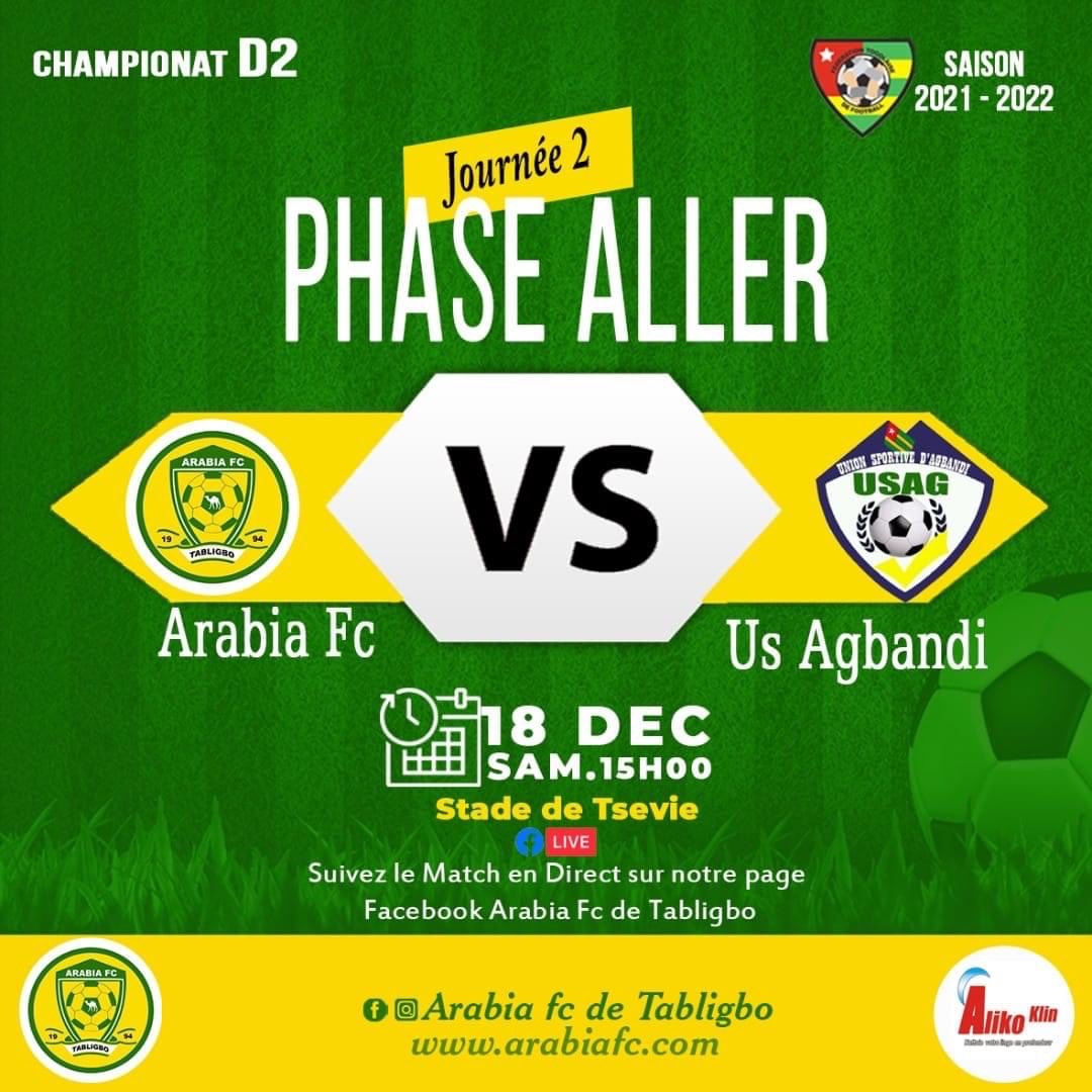 ATabligbo's tweet photo. [CHAMPIONNAT NATIONAL D2/J2]

Nous recevons l'Us Agbandi ce samedi 18 décembre au stade docteur Kaolo de Tsévié pour la deuxième journée.
Une victoire est impérative !!!
#arabiafc 
#laragedevaincre 
#SponsorOfficiel 
#alikoklindetergent https://t.co/oZb2VVtLgl