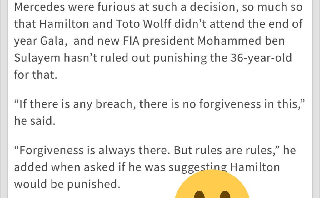 CharlieBriff's tweet photo. It seems the new @fia President is a week late. 

But ‘rules are rules’ @LewisHamilton https://t.co/qINl4YqgC5