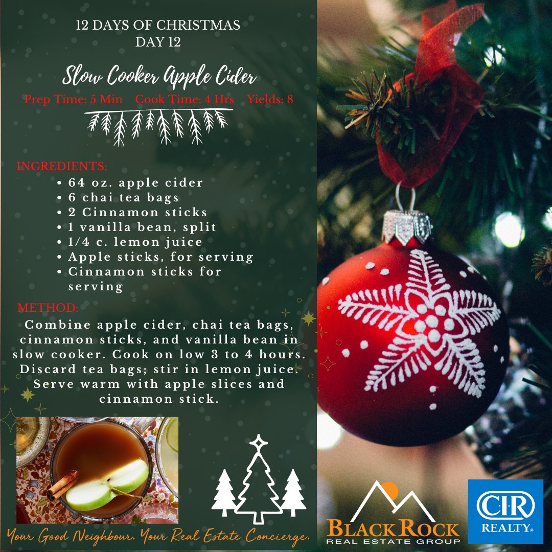 TorrisRyan's tweet photo. Merry Christmas!
โ
Here are 12 days of fun & delicious Christmas recipes, perfect for the whole family!
โ
DAY 12: Slow Cooker Apple Cider
โ
This one is sure to warm you up on those cold nights!
โ
https://t.co/jxNPGSYqYFโ
โ
#BlackrockRealEstateGroup #CIRRealty #RyanTorris https://t.co/eu7mVtxyL7