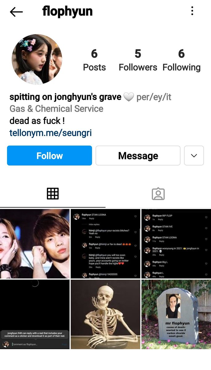 djworldisrin's tweet photo. Can someone help me report this ig account??
They are leaving hate comments under SHINee's Jonghyun's last ig post and also post hate stuff about it. 
I can't believe there's still people like this, ruining someone's safe space with stuff like this... https://t.co/wRW76PjA0C