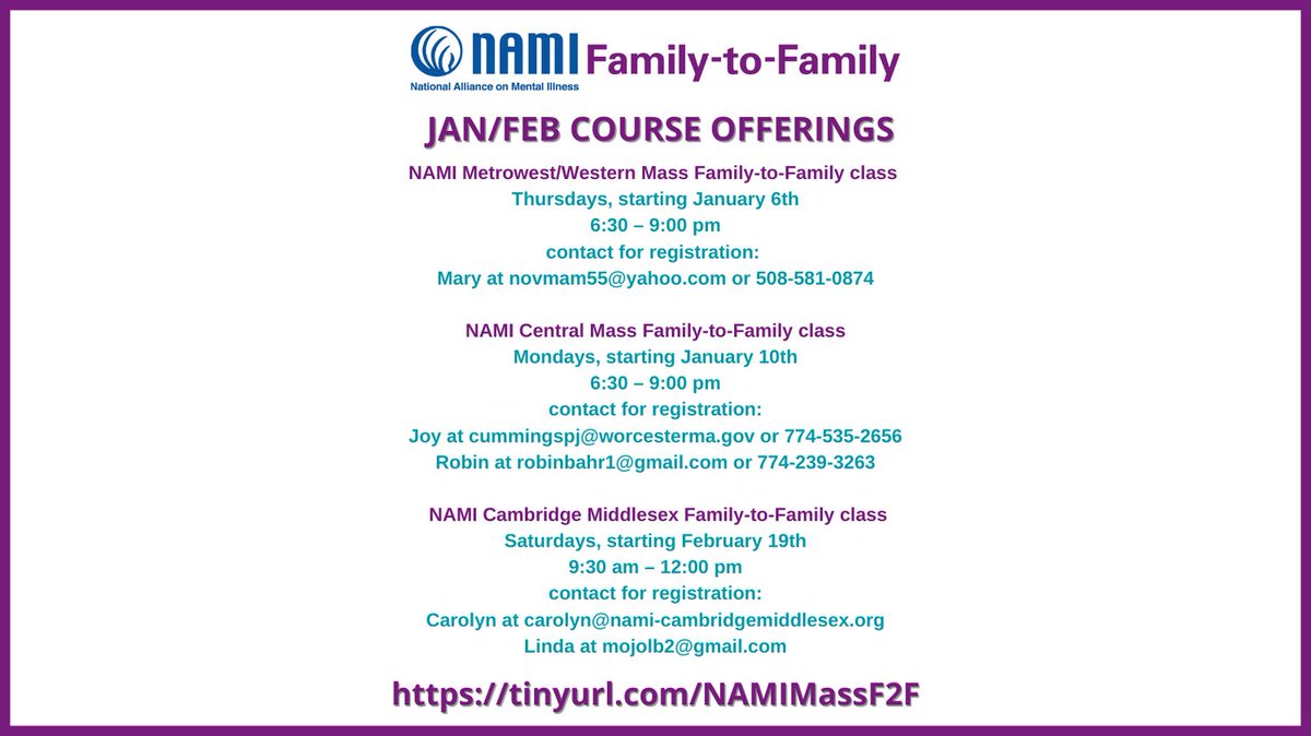 Do you have a loved one struggling with mental health? We can help. Register now for our FREE virtual #NAMIFamilytoFamily classes in January/February. Please note, registrants should sign up for the class that is closest to their own geographical area.
