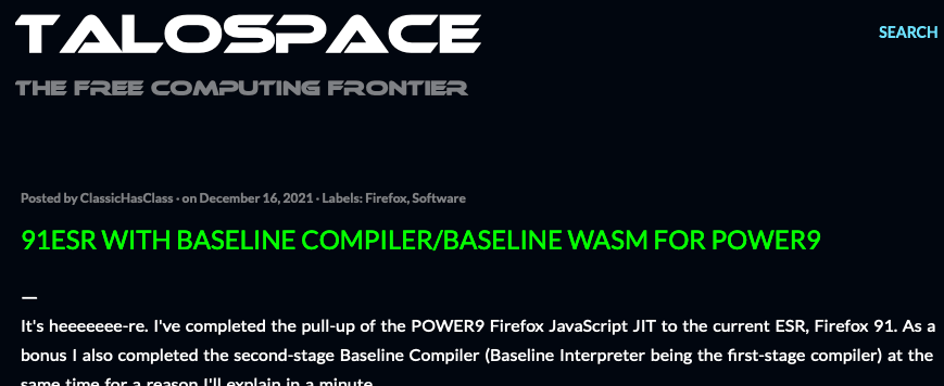 mpc7500v2's tweet photo. #Firefox91ESR with Baseline Compiler/Baseline #wasm for #POWER9
https://t.co/az2qme7d7t
#OpenPOWER #PowerPC #PPC64le #Firefox #JavaScriptJIT https://t.co/3GgXYfjSTJ