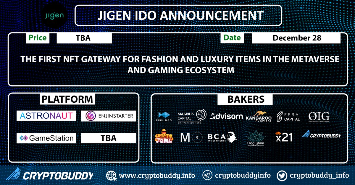 Cryptolenz (@cryptobuddyinfo) on Twitter photo #JIGEN #IDO_Announcement
The first #NFT gateway for Fashion and Luxury items in the #Metaverse and #Gaming ecosystem.
Project ➡ <a href="/jigenapp/">jigenapp</a>
Platform ➡ <a href="/astronauttoken/">Astronaut.to</a> <a href="/enjinstarter/">ENJINSTARTER</a> <a href="/GameStationIO/">GameStation</a> TBA #JIGEN #IDO_Announcement
The first #NFT gateway for Fashion and Luxury items in the #Metaverse and #Gaming ecosystem.
Project ➡ <a href="/jigenapp/">jigenapp</a>
Platform ➡ <a href="/astronauttoken/">Astronaut.to</a> <a href="/enjinstarter/">ENJINSTARTER</a> <a href="/GameStationIO/">GameStation</a> TBA