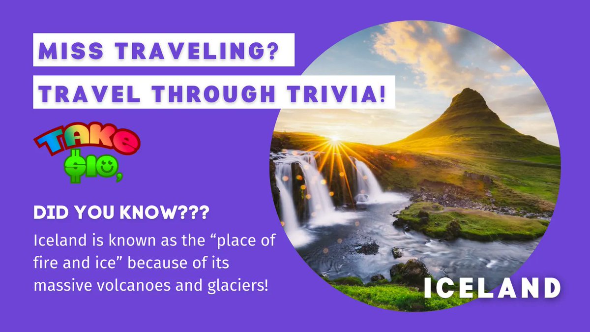 Take10Trivia's tweet photo. Is visiting Iceland on your bucket list? ✈️🧳
Let's travel to Iceland with some trivia facts. 🧠

1000s of geography questions to play and win, try GENERAL category today. 💖
Available in Play Store and App Store - https://t.co/Hu4bzMkGsI 
#DidYouKnow #Iceland #travel #Trivia https://t.co/aN25XzEhen