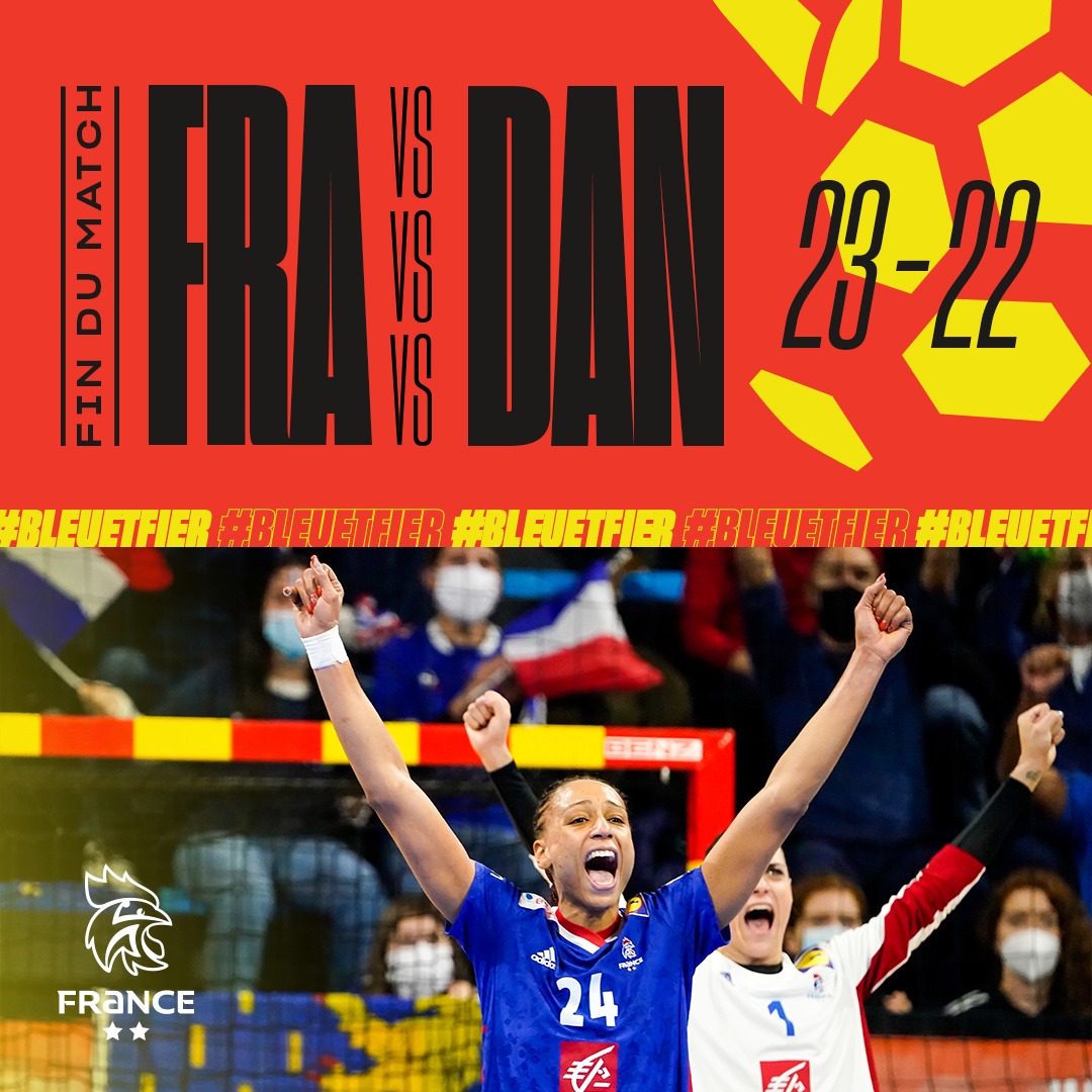 C'est TER-MI-NÉ !!! 🇫🇷 23 - 22 🇩🇰 
Quelle fin de match !! 🤩 Les BLEUES se qualifient pour la finale du mondial au terme d'un match complétement dingue !! 🔥
Rendez-vous dimanche pour la finale face à la Norvège ou l'Espagne 🇫🇷✊

#BleuetFier