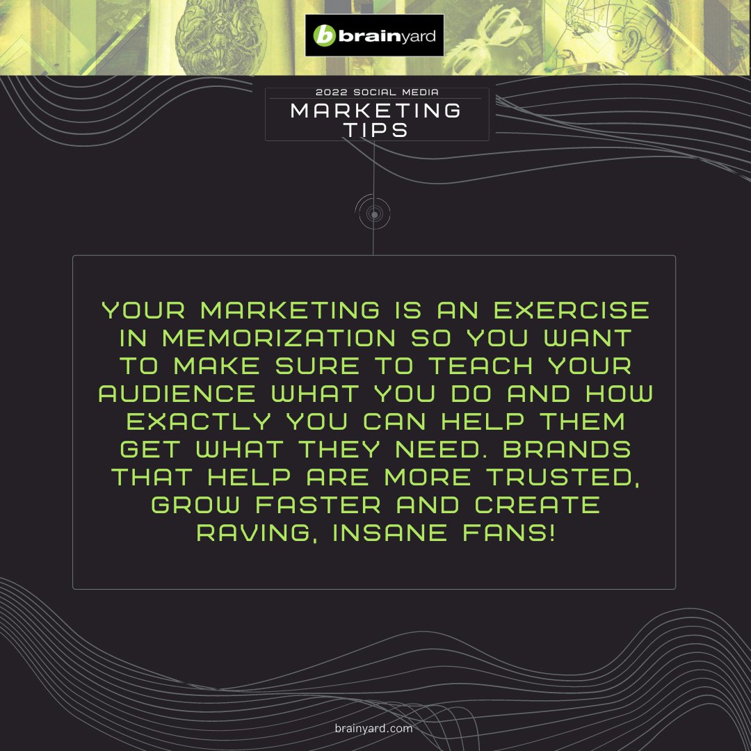 Marketing Tip: Legitimately Try to Help  

Your marketing is an exercise in memorization, so you want to make sure to teach your audience what you do and HOW exactly you can help them get what they need. Brands that help are more trusted and grow faster.

#BrainyardMarketing