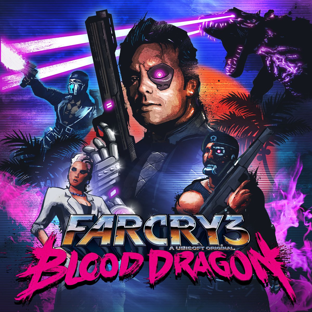 far cry blood dragon key art. The image has lots of neon pink and purple and an 80s action movie vibe 