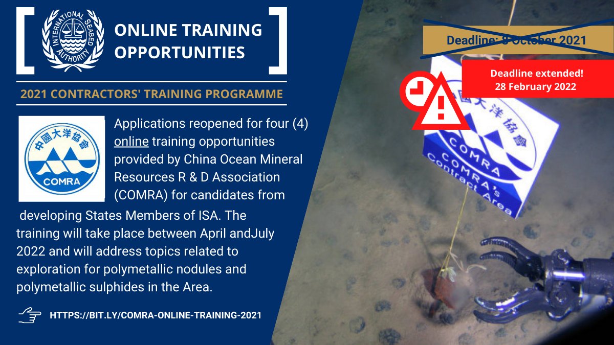 ISBAHQ's tweet photo. DEADLINE EXTENDED!
The deadline to apply for FOUR online training opportunities provided by #COMRA for candidates from developing States Members of ISA has been extended!
Apply here https://t.co/NkfvCHf2eT by 28 Feb 2022! https://t.co/0gYnb0uL1G