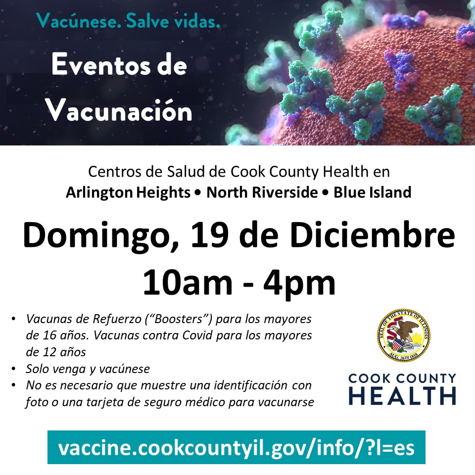 CookCtyHealth's tweet photo. El estado de Illinois y Cook County Health organizarán tres eventos comunitarios de vacunación el domingo 19 de Diciembre, 10 a.m. - 4 p.m. https://t.co/q5ED3aohi9